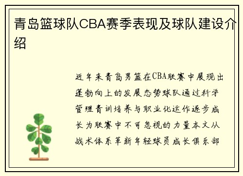 青岛篮球队CBA赛季表现及球队建设介绍